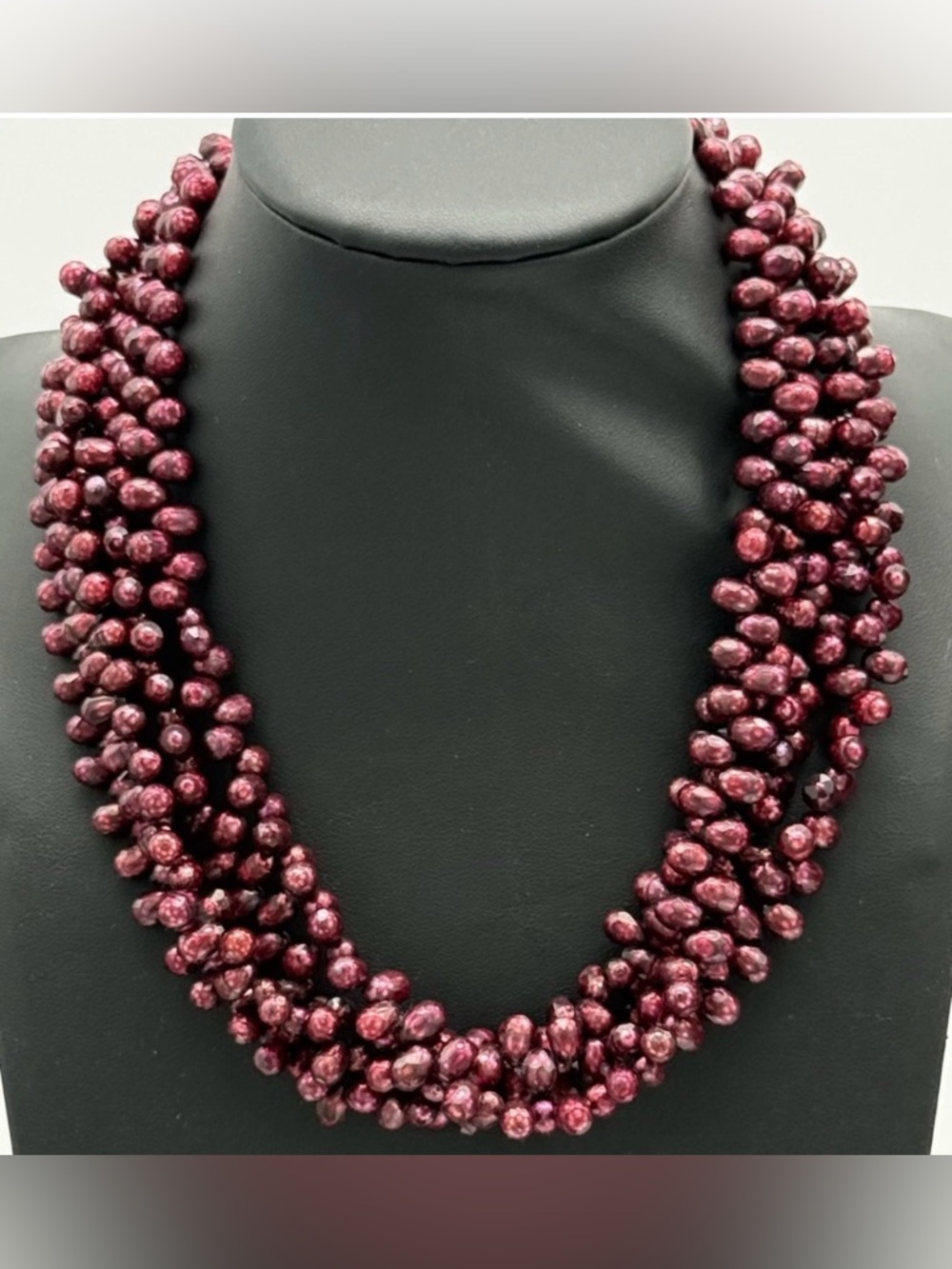 18" Multi-Strand Red Glass Bead Statement Necklace - Deep Burgundy Wine Chunky